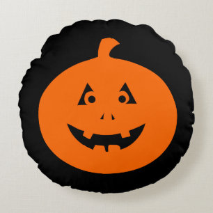 Orange Happy Jack O' Lantern on Black Round Cushion