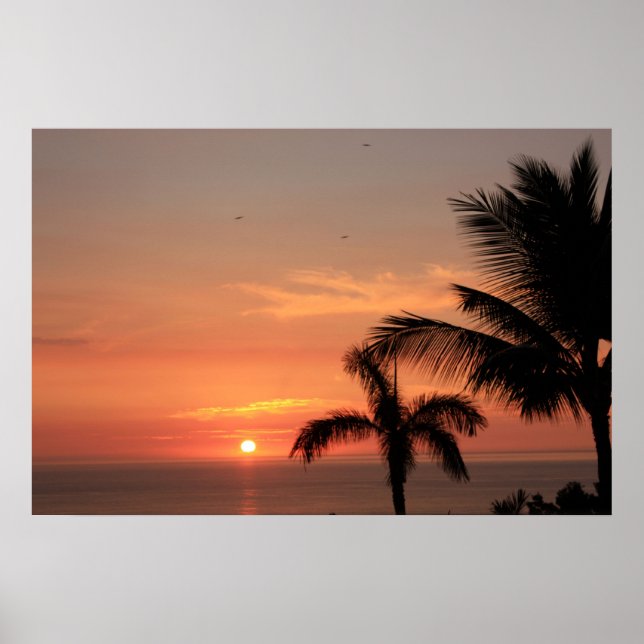 Orange Hawaiian Sunset Sky with Birds and Palms Poster (Front)