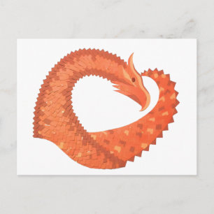 Orange heart dragon on white postcard