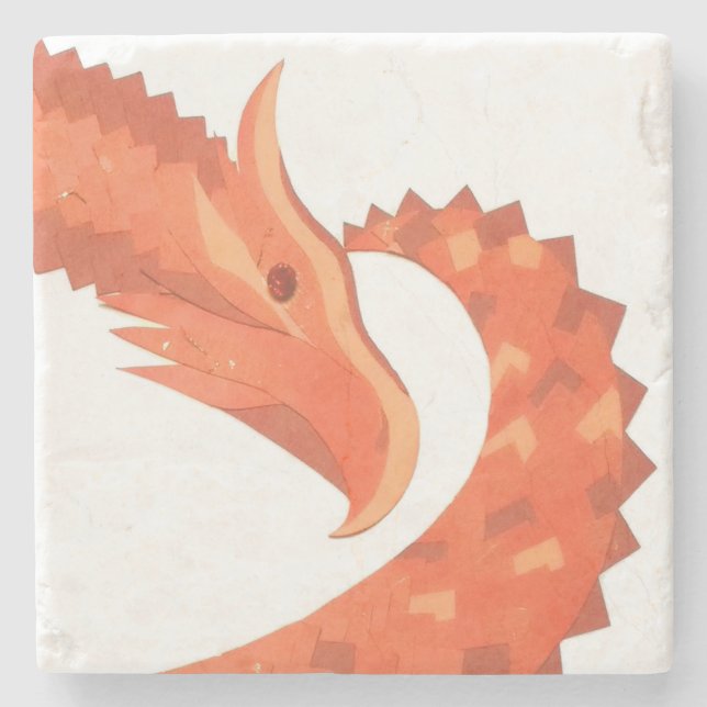 Orange heart dragon on white stone coaster (Front)