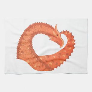 Orange heart dragon on white tea towel
