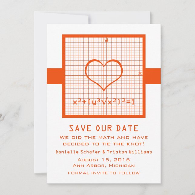 Orange Heart Math Graph Save the Date Invite (Front)