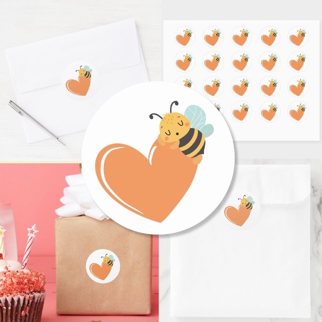 Orange heart with sleeping cute baby Bumblebee Classic Round Sticker (Creator Uploaded)