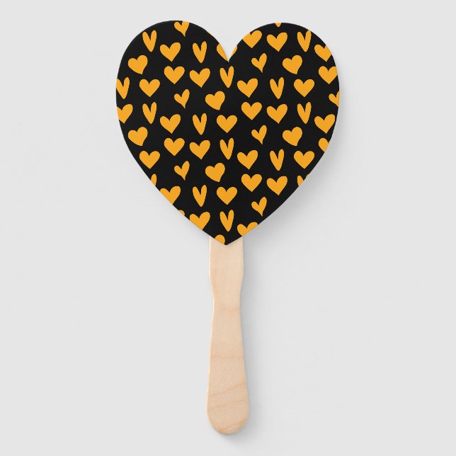 Orange Hearts Black Background Pattern Halloween Hand Fan (Front)