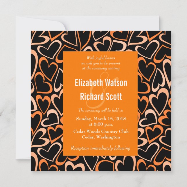 Orange hearts wedding invitation (Front)