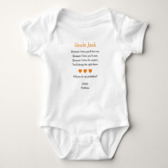 Orange Hearts Will You Be My Godfather Proposal Baby Bodysuit (Front)