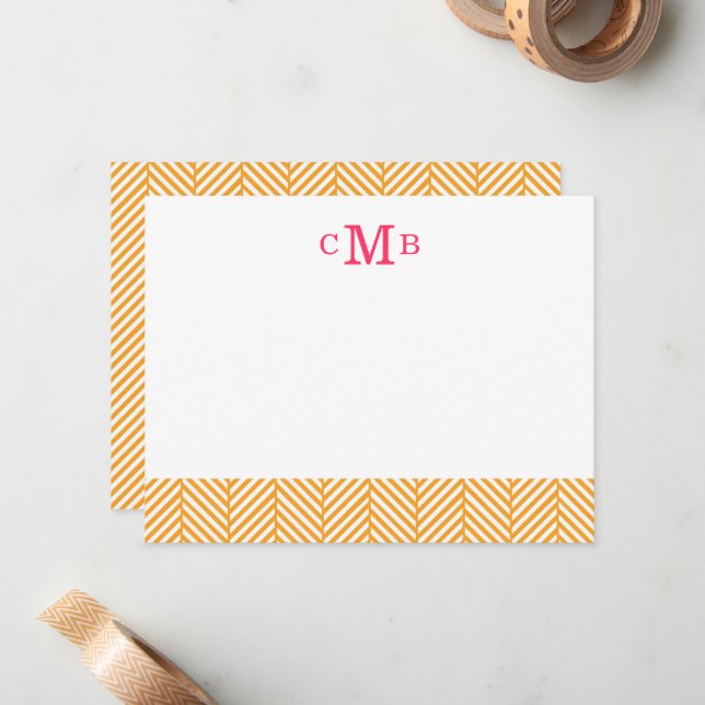 Orange Herringbone Custom Monogram Stationery Note Card (Front/Back In Situ)
