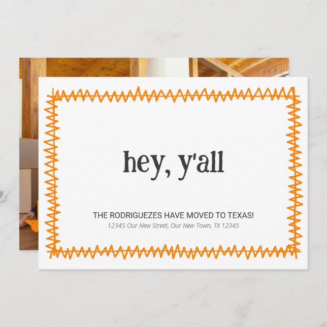 Orange Hey Y'all - Moved to Texas Announcement (Front/Back)