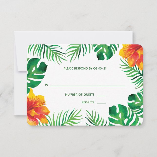 Orange Hibiscus and Tropical Leaves Wedding RSVP Card (Front)