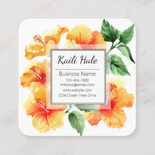 Orange Hibiscus Flower Business Card with QR Code