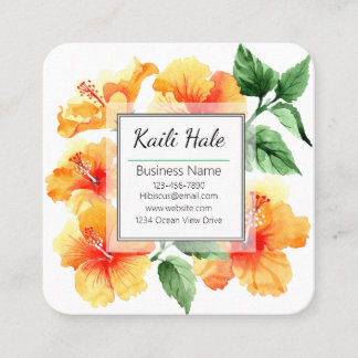 Orange Hibiscus Flower Business Card with QR Code