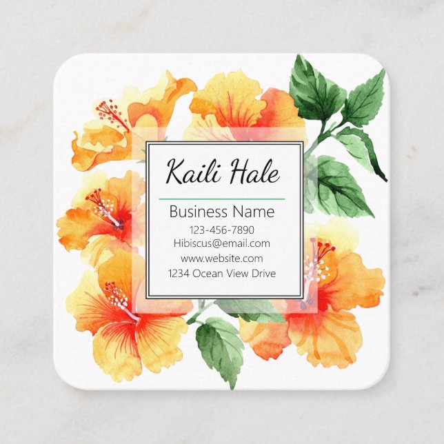 Orange Hibiscus Flower Business Card with QR Code (Front)