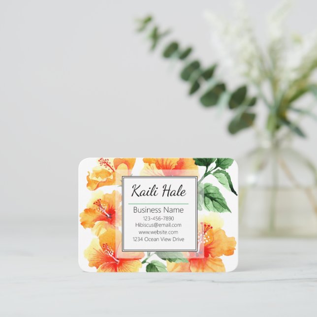 Orange Hibiscus Flower Business Card with QR Code (Standing Front)