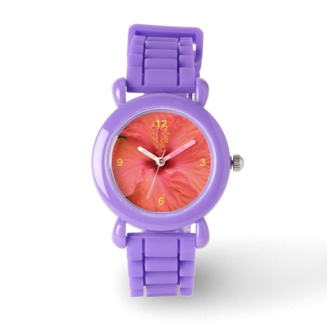 Orange Hibiscus fLower Macro Watch with Numbers (Front)