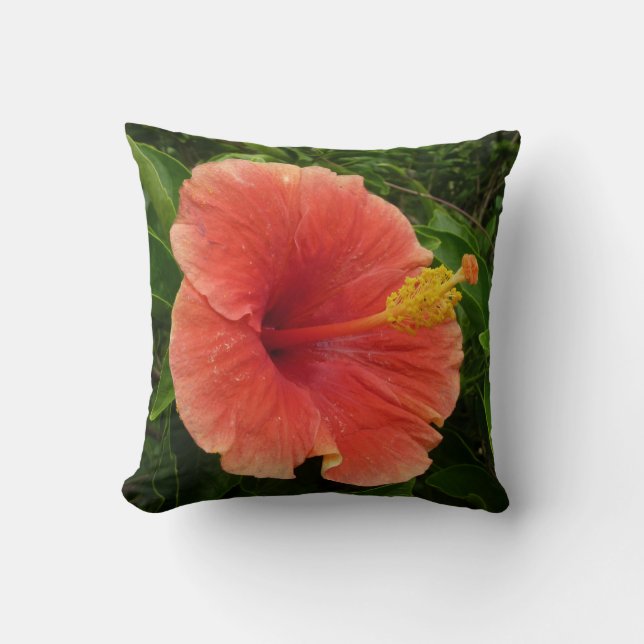 Orange Hibiscus Flower Tropical Floral Cushion (Front)