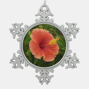Orange Hibiscus Flower Tropical Floral Snowflake Pewter Christmas Ornament