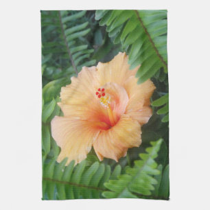 Orange Hibiscus Flower with Ferns Tea Towel
