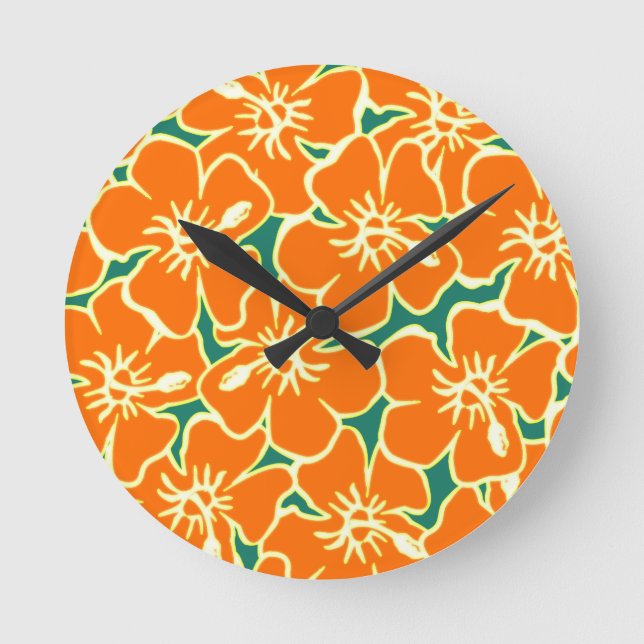 Orange Hibiscus Flowers Tropical Hawaiian Clock (Front)