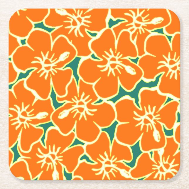 Orange Hibiscus Flowers Tropical Hawaiian Luau Square Paper Coaster (Front)