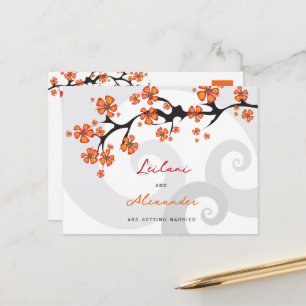 Orange Hibiscus Grey Swirls Tropical Save The Date Announcement Postcard