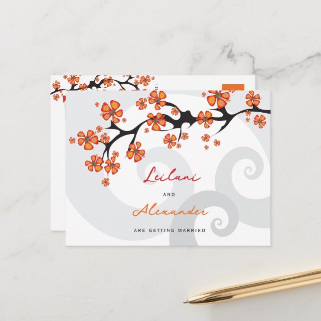 Orange Hibiscus Grey Swirls Tropical Save The Date Announcement Postcard (Front/Back In Situ)