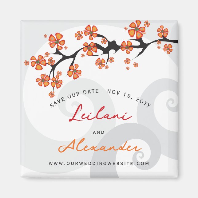 Orange Hibiscus Grey Swirls Tropical Save The Date Magnet (Front)