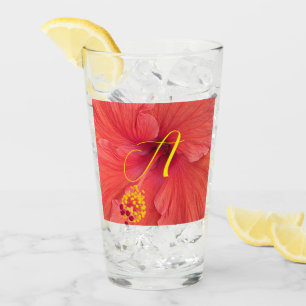 Orange Hibiscus Photo with Fancy Initial Script Glass
