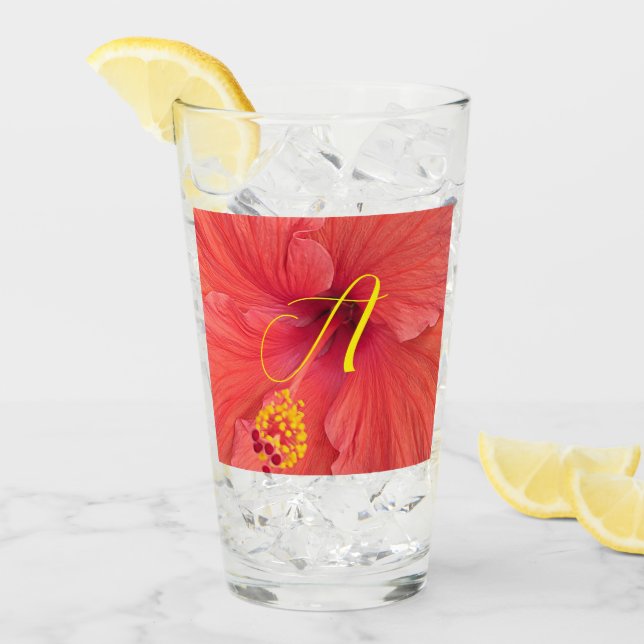 Orange Hibiscus Photo with Fancy Initial Script Glass (Front Ice)