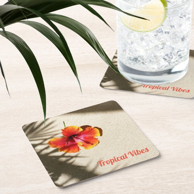 Orange Hibiscus Tropical Floral Square Paper Coaster (Creator Uploaded)
