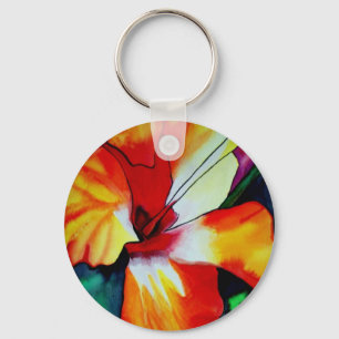 Orange Hibiscus tropical flower watercolor art Key Ring
