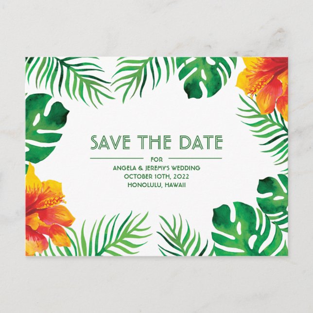 Orange Hibiscus Tropical Save the Date Postcard (Front)
