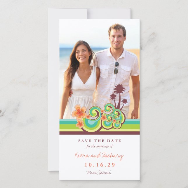 Orange Hibiscus Tropical Teal Waves Beach Photo Save The Date (Front)