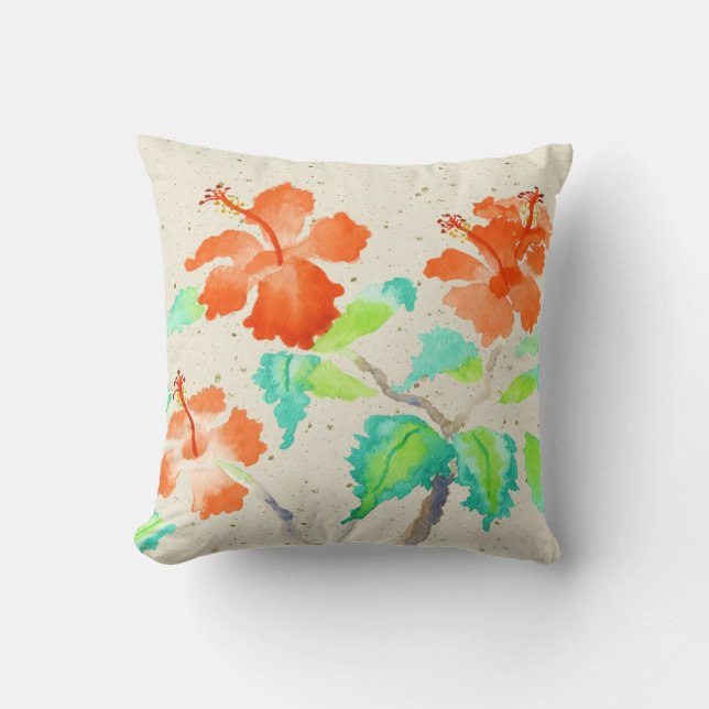 Orange Hibiscus Watercolor Painting Beige Washi Cushion (Front)