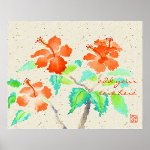 Orange Hibiscus Watercolor Painting Beige Washi Poster