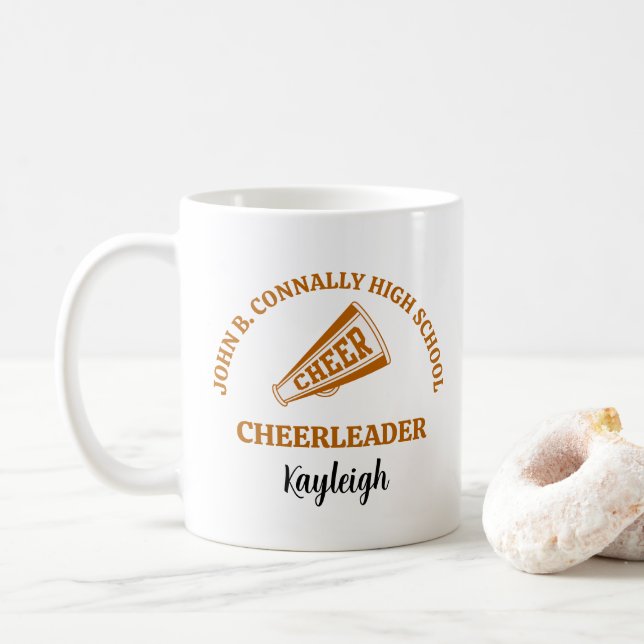 Orange High School Cheerleader Personalised Coffee Mug (With Donut)