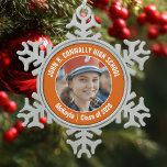 Orange High School Marching Band Photo Gift Snowflake Pewter Christmas Ornament<br><div class="desc">This cool customised high school marching band photo features white typography of your team and player name on an orange Christmas ornament keepsake gift. Personalise with your student's photograph and class year as a proud parent. A mum and dad can wear these buttons to competition and games.</div>