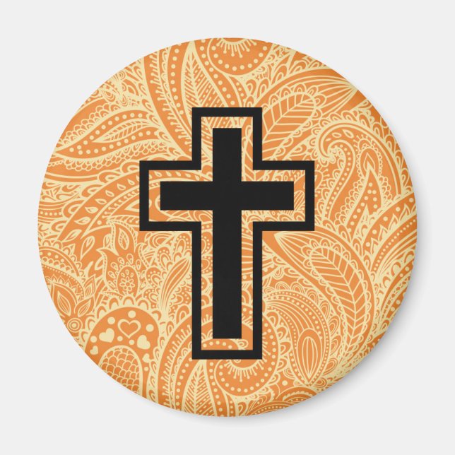 Orange Holy Christian Cross Wooden Magnet (Front)