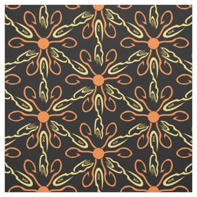 Orange Hook Yellow Hook Yellow Fish Flower Patter Fabric (Swatch)