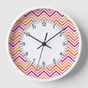 Orange & Hot Pink Chevron Pattern Clock
