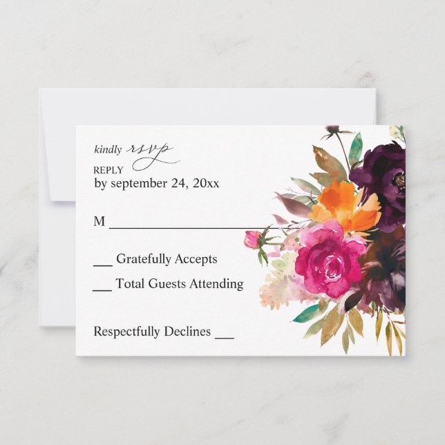 Orange, Hot Pink, & Purple Fall Floral no Meal RSVP Card (Front)