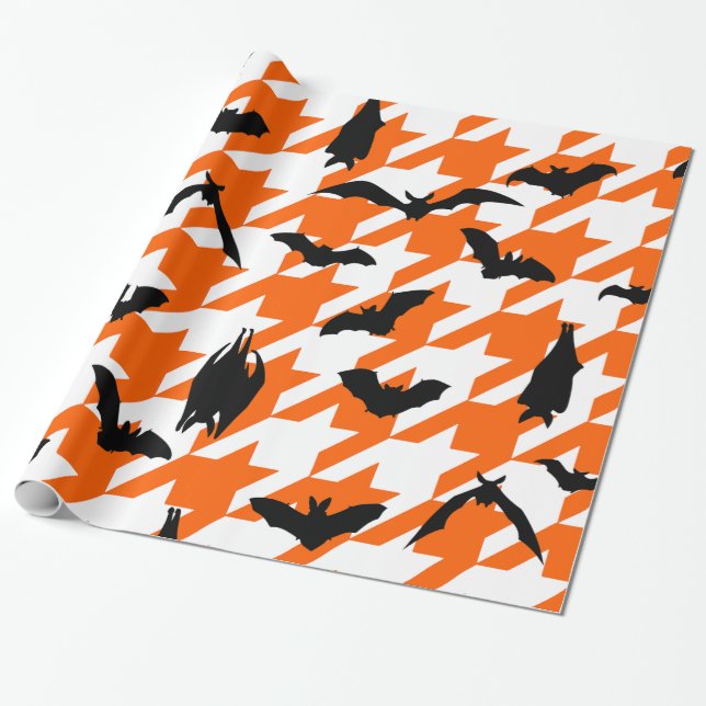 orange houndstooth halloween black bats  wrapping paper (Unrolled)
