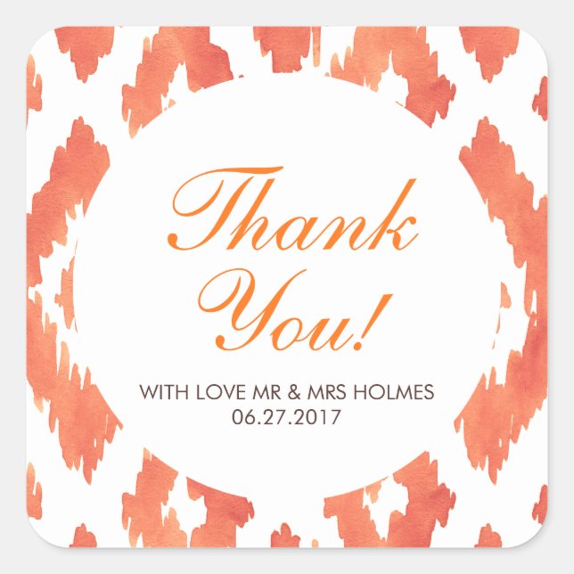 Orange Ikat Thank You Square Sticker (Front)