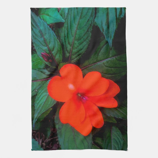 Orange Impatiens Flower Tea Towel (Vertical)