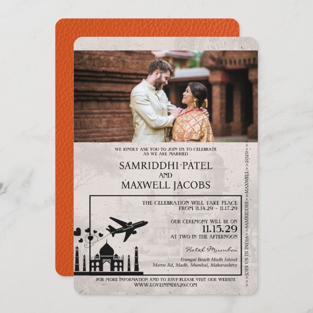 Orange India Passport Wedding Invitation (Front/Back)