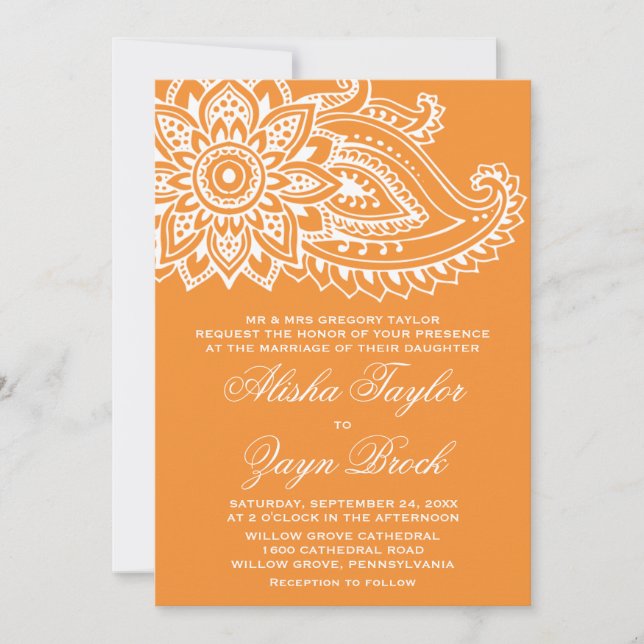 Orange Indian Paisley Formal Wedding Invitation (Front)