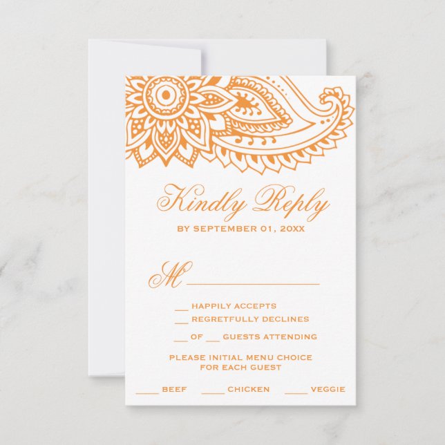 Orange Indian Paisley Menu Choice RSVP Card (Front)