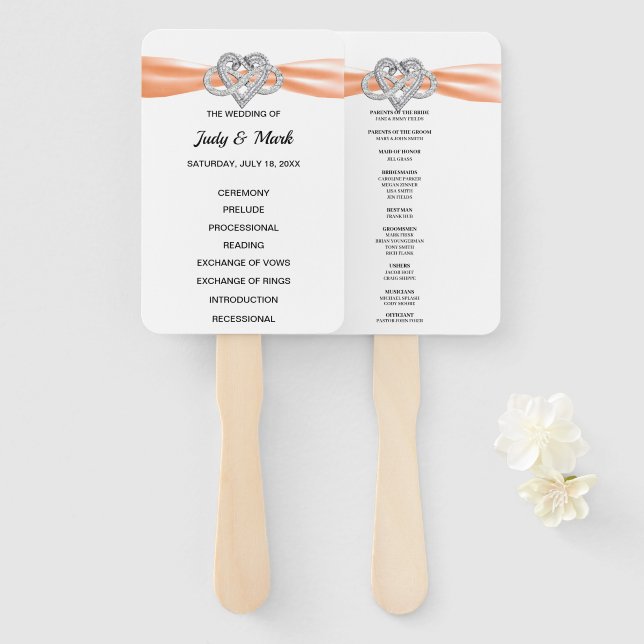Orange Infinity Heart Wedding Program Fans (Front and Back)