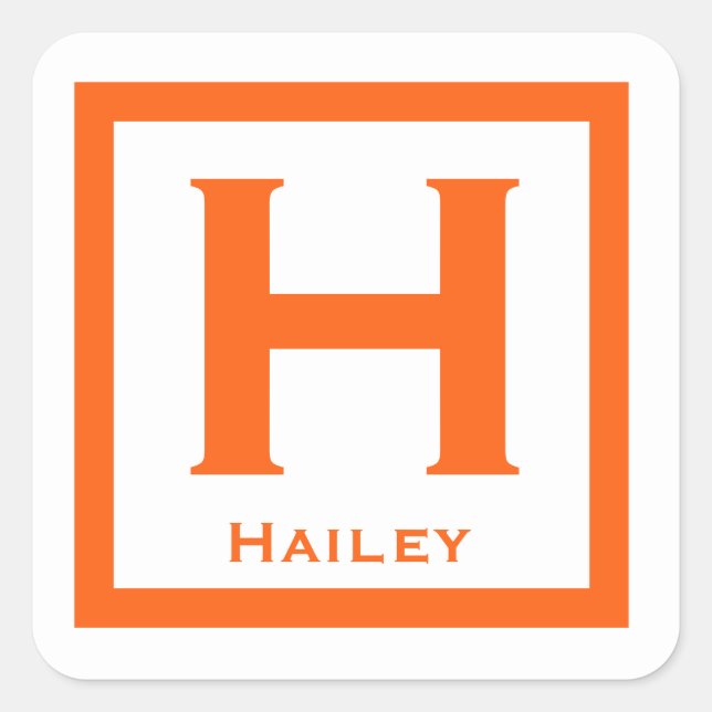Orange Initial Name Kids Girl Party Back to School Square Sticker (Front)