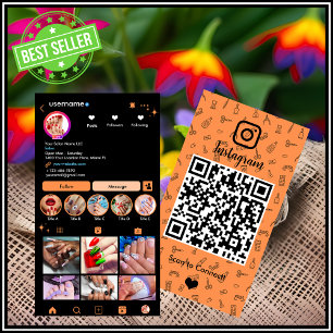 Orange Instagram Nail Salon QR Code Social Media Business Card