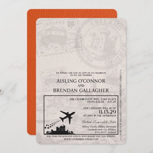 Orange Ireland Passport Wedding Invitation (Front/Back)